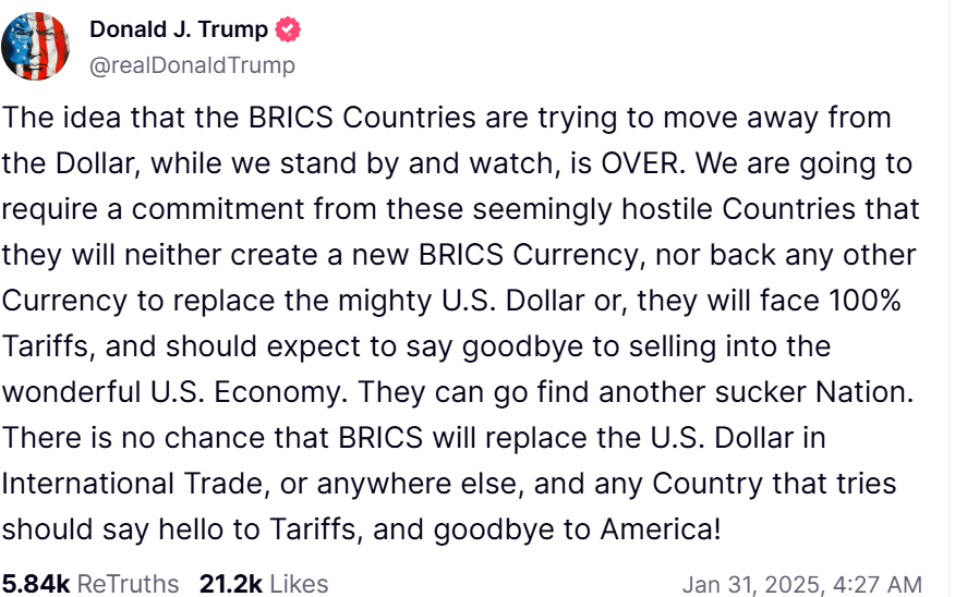 Trump estabeleceu demandas econômicas no BRICS Bloc - 100% de tarifas se não forem atendidas.