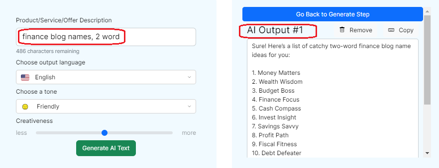 Content Gorilla AI - Free Blog Post Idea Generator, Input & Output for finance blog names