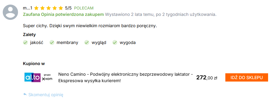 Jakie opinie ma laktator Neno Camino?
