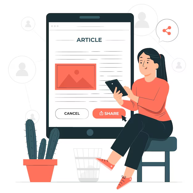 Graphic of a girl reading an article and taking an action by clicking a share button