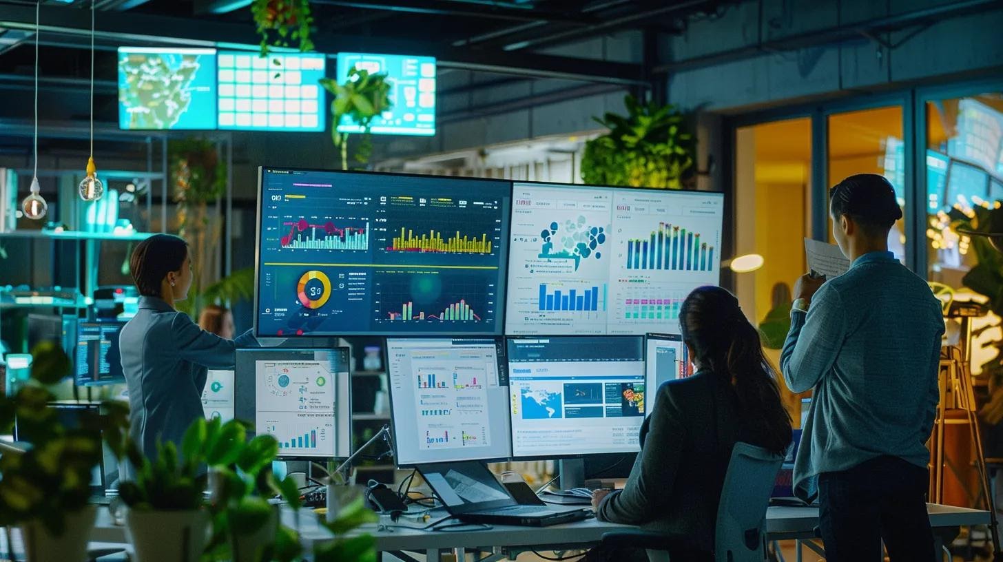 a modern office workspace bustling with activity, featuring a diverse group of individuals engaged in usability testing on sleek laptops, surrounded by charts and user profiles that highlight local cultural influences on website navigation design.