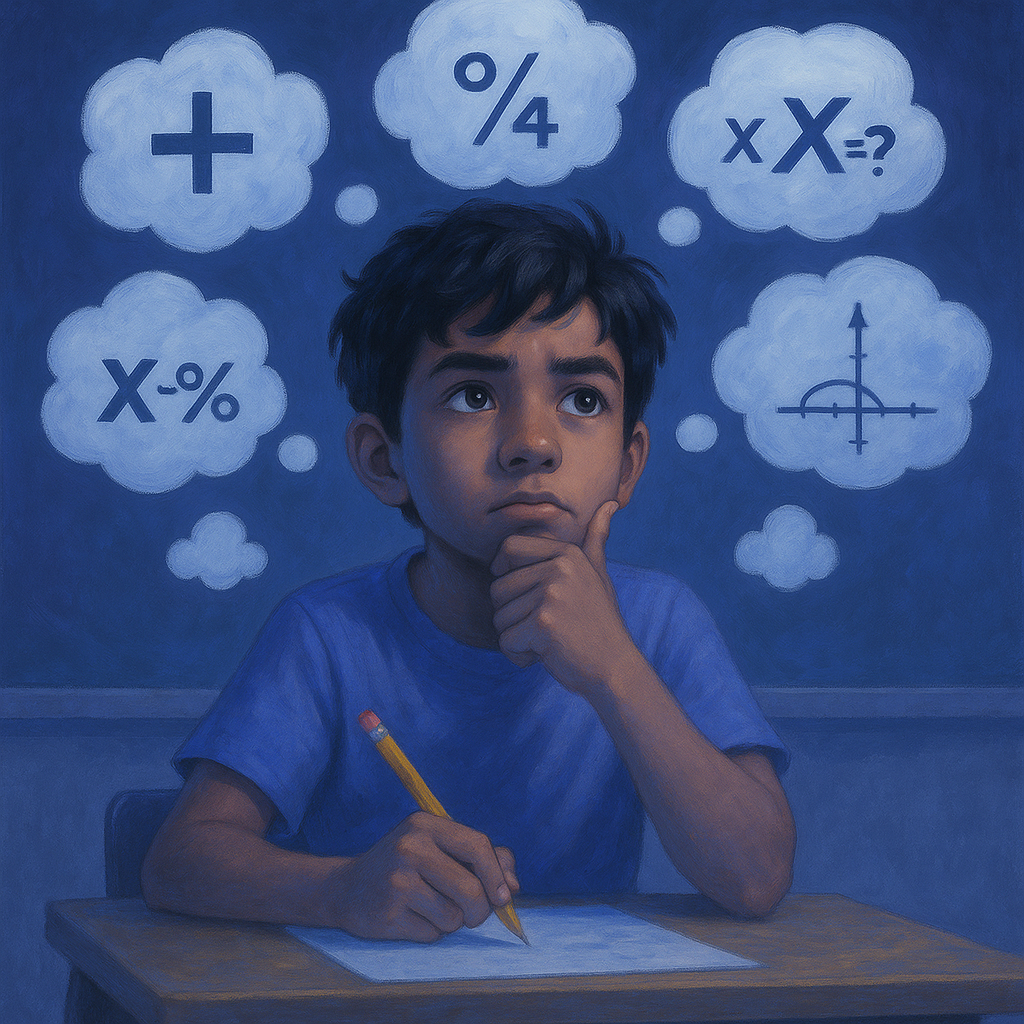 A little boy sitting at a desk with thought bubbles around his head with mathematic symbols