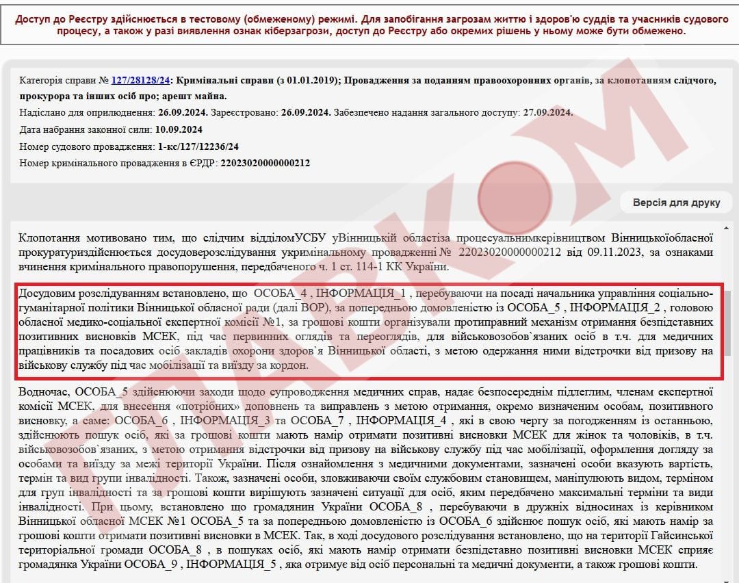 Слідство вважає, що МСЕК Вінниччини за гроші продавав групи інвалідності військовозобов’язаним