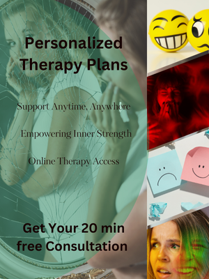 Personalized therapy plans for mental health support, empowering inner strength, and online access.