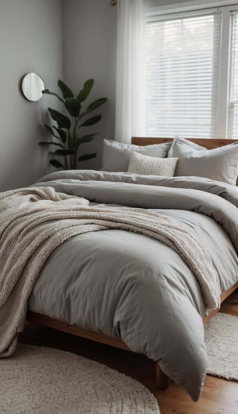 A bed with light grey throw pillows in a neutral bedroom setting