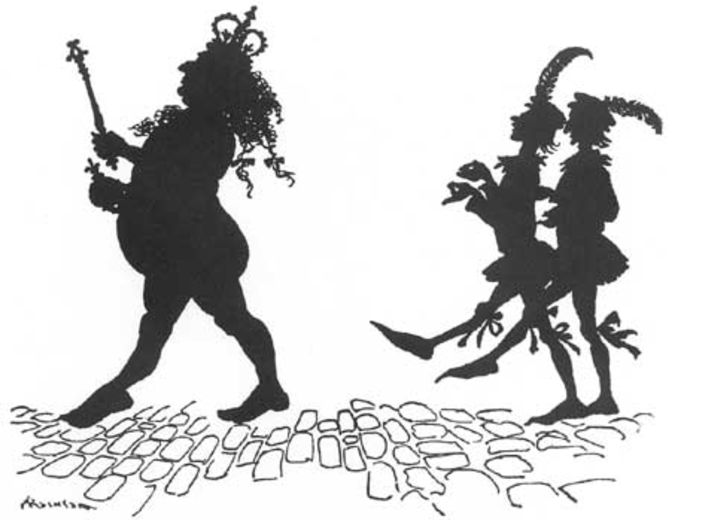 A black and white drawing of a shadowed figure walking down the street in a crown holding a scepter, followed by two clothed individuals.