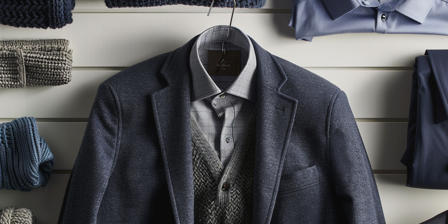 Men’s business casual outfit flat lay featuring a lightweight unstructured blazer in navy and a fine-gauge crew neck sweater in gray, both layered over a collared shirt. Displayed on a clean, neutral background with soft lighting, highlighting texture and layering. Modern, polished, and versatile look for cooler seasons.