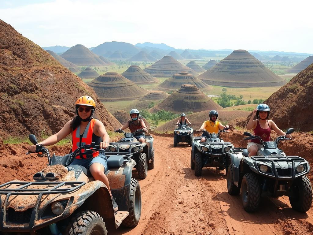 Tourists enjoying ATV rides through the Chocolate Hills landscape
