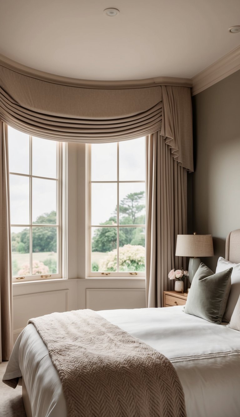 A cozy master bedroom with soft, flowing Roman blinds in a romantic, muted color scheme