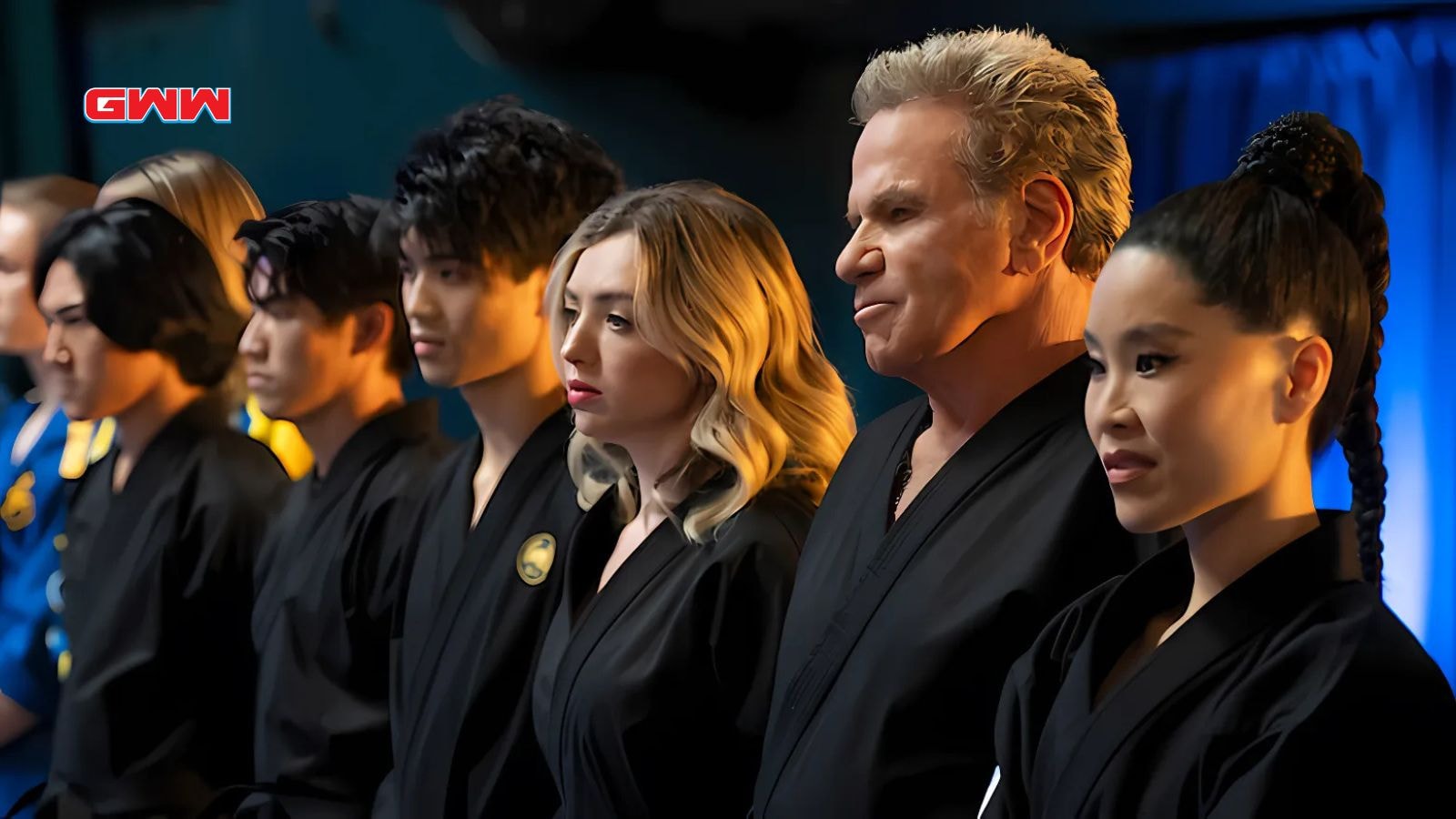 Martin Kove as John Kreese and Peyton List as Tory Nichols in Cobra Kai Season 6