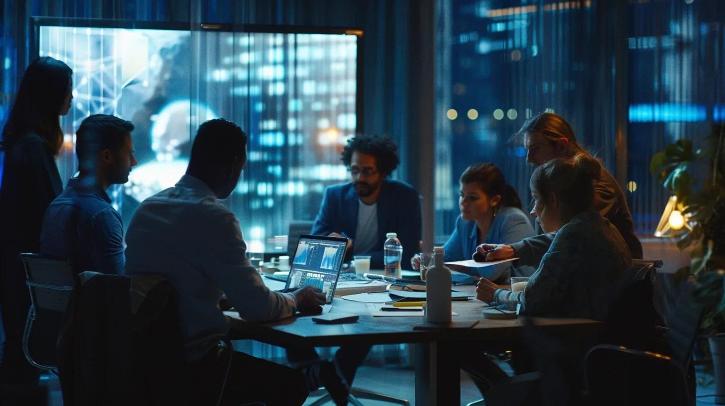 a dynamic urban office interior showcases a diverse team collaborating around a sleek conference table, enthusiastically exchanging ideas and digital devices, representing a vibrant cross-channel strategy for promoting a compelling brand story.