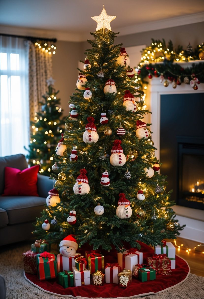 A cozy living room with a decorated Christmas tree adorned with knitted snowman ornaments, surrounded by twinkling lights and festive decorations