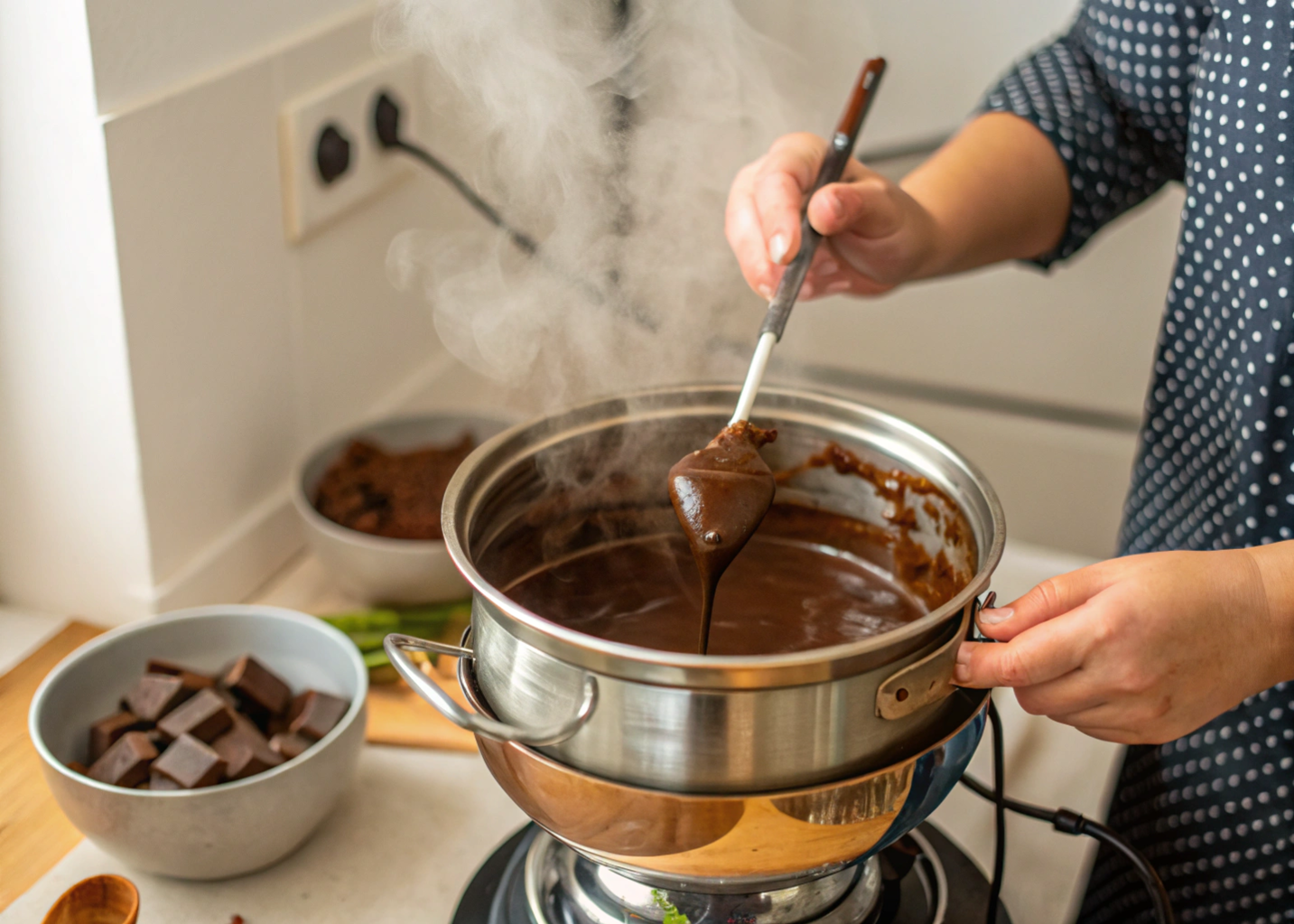 Chocolate sendo derretido em banho-maria para ovo de Páscoa.