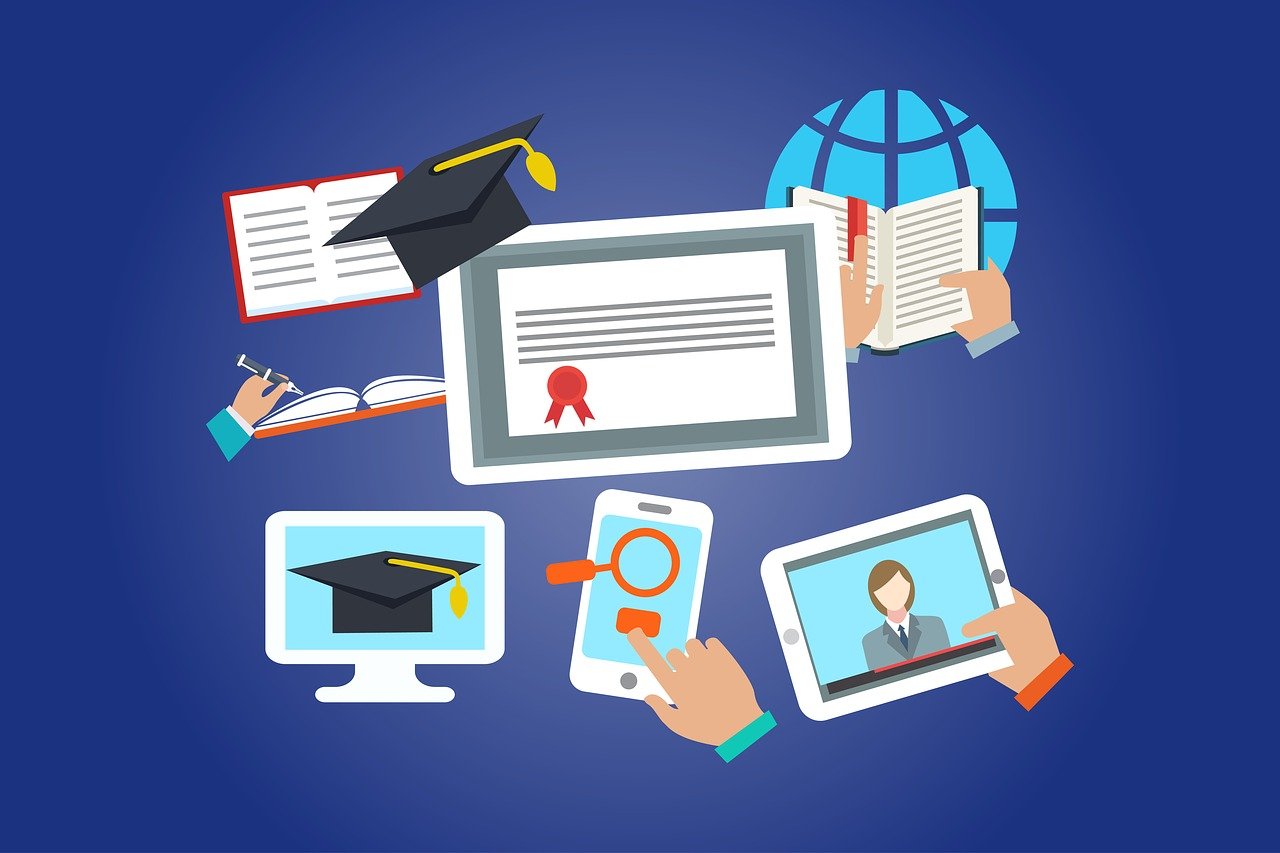 A digital illustration of educational elements, including a graduation cap, a certificate, and hands interacting with digital devices.