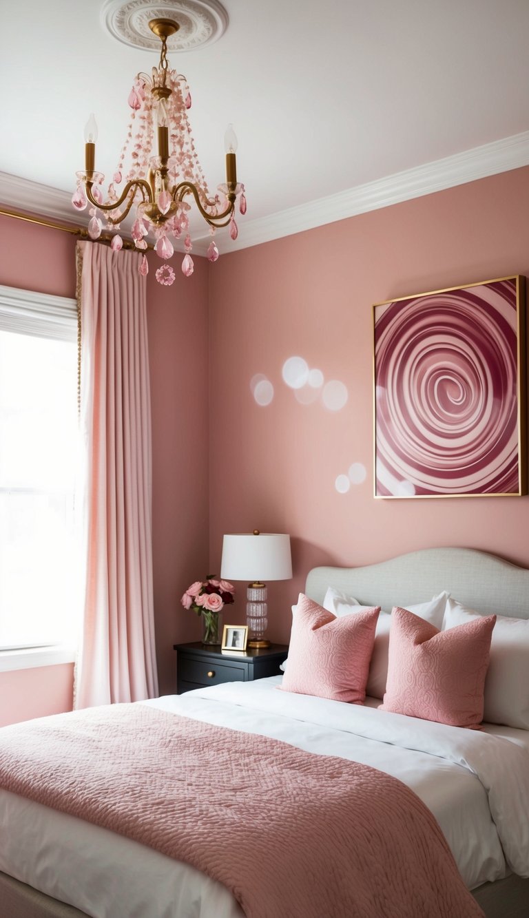 A cozy pink bedroom with raspberry swirl wall art, soft lighting, and elegant decor