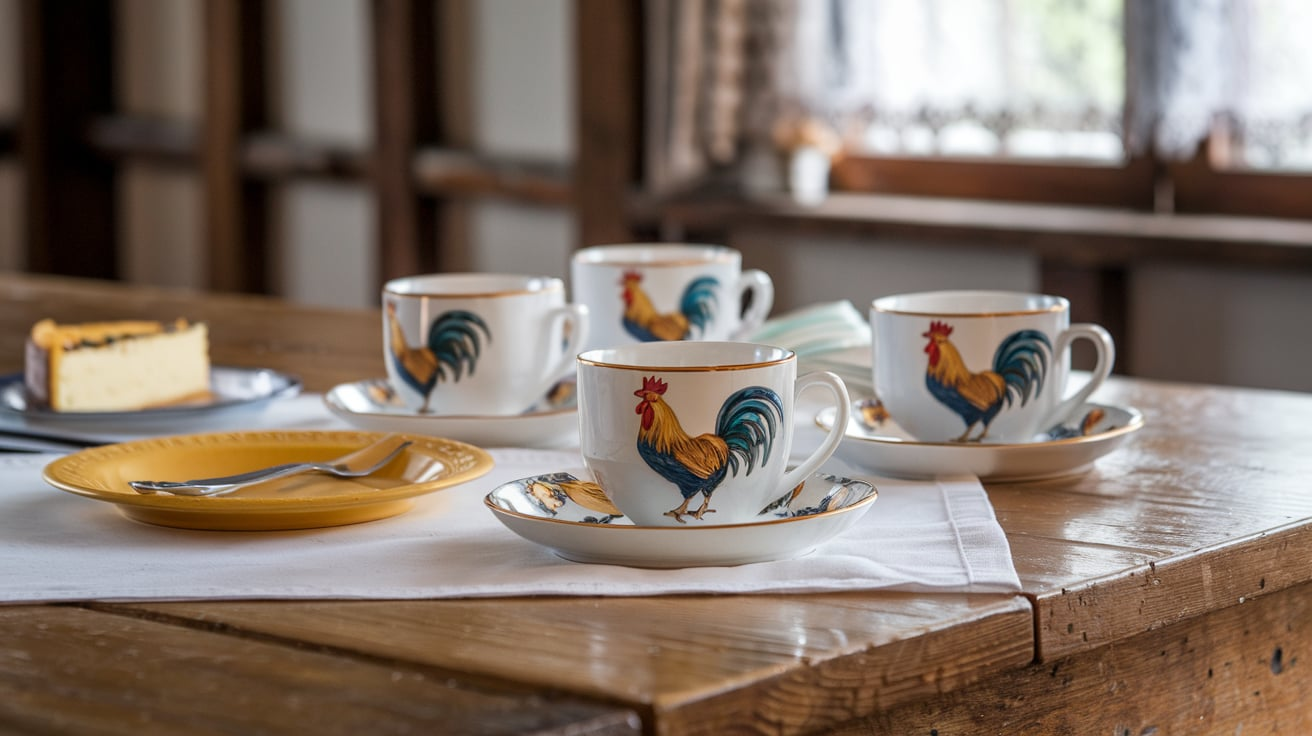 Mother Oats Rooster Cups and Saucers Sale