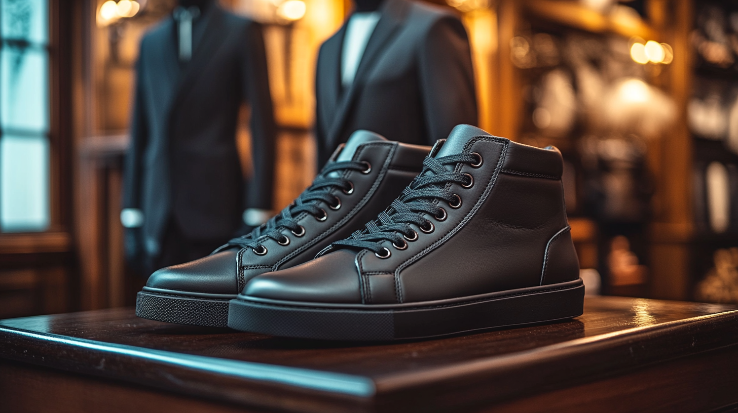 Black high-top sneakers with a clean, bold design resting on a sleek surface, while in the background, a black suit stands draped elegantly on a mannequin. The contrast between the sporty sneakers and the refined suit creates an effortlessly cool yet elegant atmosphere.