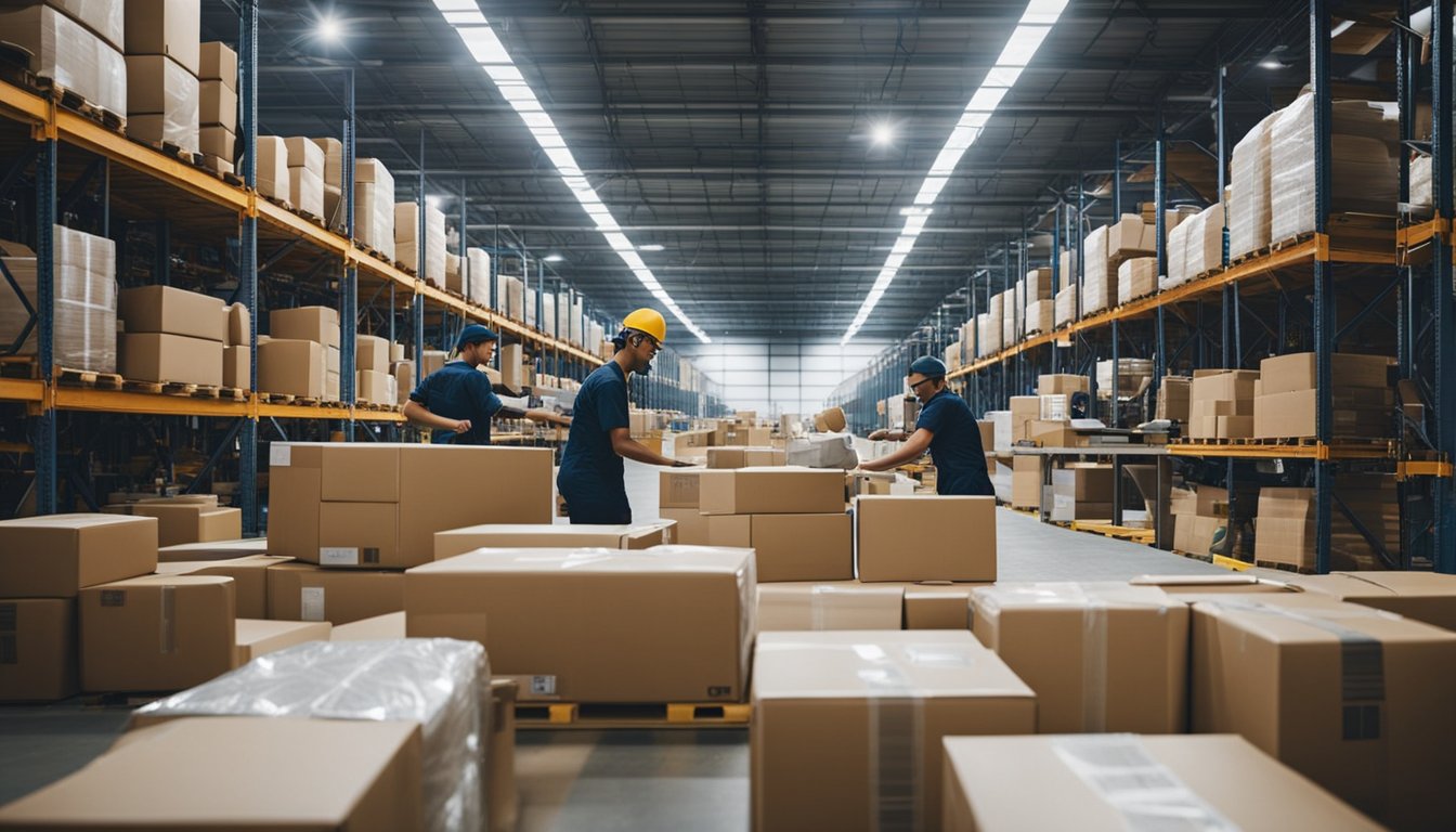 A busy warehouse with workers efficiently packing and shipping Amazon FBA orders