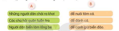 BÀI 22: THƯ GỬI BỐ NGOÀI ĐẢOĐỌCCâu hỏi: Em thấy những ai trong bức tranh? Họ đang làm gì?Đáp án chuẩn:Bức tranh 1: Một cậu bé đang viết thưBức tranh 2: Một chú bộ đội đang đứng canh gác ngoài đảo Trường SaTRẢ LỜI CÂU HỎICâu hỏi 1: Bạn nhỏ viết thư cho bố vào dịp nào?Đáp án chuẩn:Vào dịp sắp đến Tết.Câu hỏi 2: Bố bạn nhỏ đang làm công việc gì ở đảo?Đáp án chuẩn:Canh gác ngoài đảo xaCâu hỏi 3: Bạn nhỏ đã gửi gì cho bố?             a. bánh chưng         b. hoa        c. thưĐáp án chuẩn:c. thưCâu hỏi 4: Theo em, khổ thơ cuối muốn nói điều gì?a. Bố và các chú bảo vệ vùng biển, vùng trời quê hương.b. Bố và các chú xây hàng rào ở đảo.c. Bố và các chú là hàng rào chắn sóng, chắn gió.Đáp án chuẩn:aLUYỆN TẬPCâu hỏi 1: Từ ngữ nào chỉ hành động của bố? Từ ngữ nào chỉ hành động của con?Đáp án chuẩn:Câu hỏi 2: Thay lời bạn nhỏ, nói một câu thể hiện tình cảm đối với bố.Đáp án chuẩn:Bố ơi, con cảm ơn bố và các chú bộ đội đã ngày đêm canh gác, bảo vệ vùng trời, vùng biển quê hương, cho chúng con một cuộc sống ấm no hạnh phúc.VIẾTCâu hỏi 2: Chọn tiếng phù hợp thay cho dấu ba chấm (...):a. dang/giang: ....tay, giỏi....., dở.....b. dành/giành: dỗ...., tranh...., để....Đáp án chuẩn:a. dang, giang, dangb. dành, giành, dànhCâu hỏi 3: Chọn a hoặc ba. Tìm từ ngữ gọi tên loại quả có tiếng bắt đầu bằng s hoặc xb. Chọn ip hoặc iêp thay cho dấu ba chấm (...)- Nhân d... tết, em viêt một tấm th...gửi lời chúc đến các chú bộ đội Trường Sa.- Những con sóng liên t... xô vào bờ. Đáp án chuẩn:a. Quả xoàiQuả sungQuả sầu riêngLUYỆN TẬPLUYỆN TỪ VÀ CÂUCâu hỏi 1: Những từ ngữ nào dưới đây chỉ người làm việc trên biển?Đáp án chuẩn:Ngư dânThợ lặnHải quânThủy thủCâu hỏi 2: Kết hợp từ ngữ ở cột A với từ ngữ ở cột B để tạo câuĐáp án chuẩn:Câu hỏi 3: Dựa vào kết quả ở bài tập 2, đặt 2 câu hỏi và 2 câu trả lời theo mẫu có sẵn:M: -  Những người dân chài ra khơi để làm gì?     - Những người dân chài ra khơi để đánh cáĐáp án chuẩn:Các chú hải quân tuần tra để làm gì? - Các chú hải quân tuần tra để canh giữ biển đảo.Người dân biển làm lồng bè để làm gì? - Người dân biển làm lồng bè  để nuôi tôm cáLUYỆN VIẾT ĐOẠN