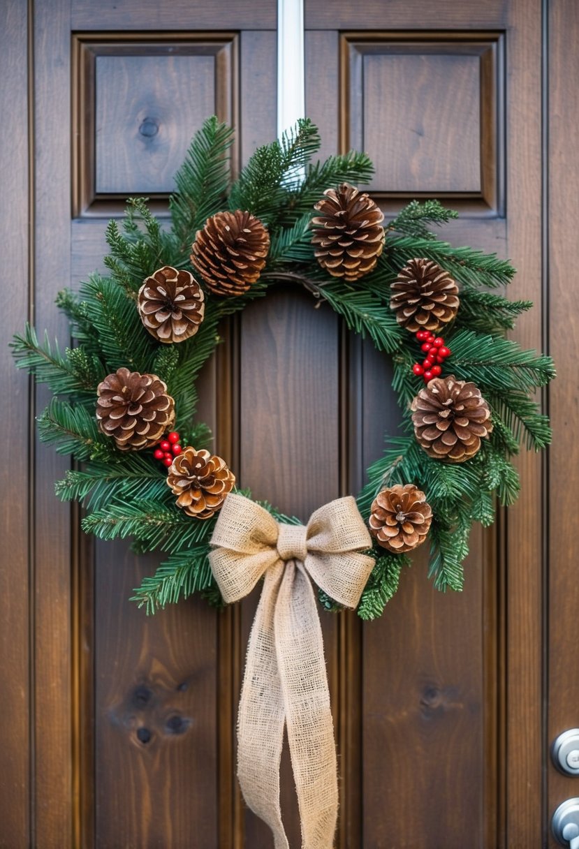 A rustic farmhouse wreath hanging on a wooden door, adorned with pinecones, holly berries, and a burlap bow