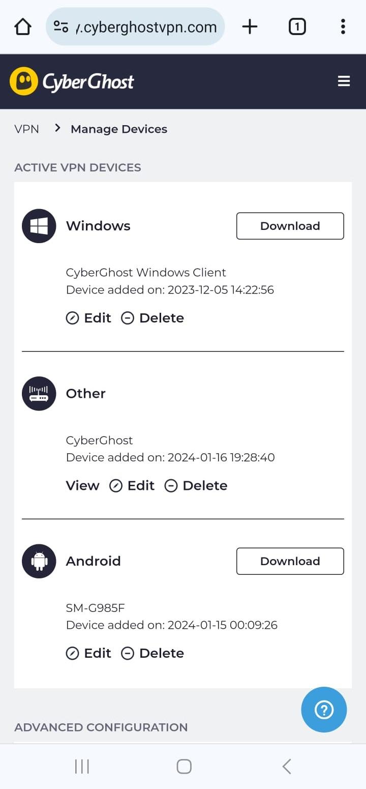 CyberGhost VPN's manage devices page.