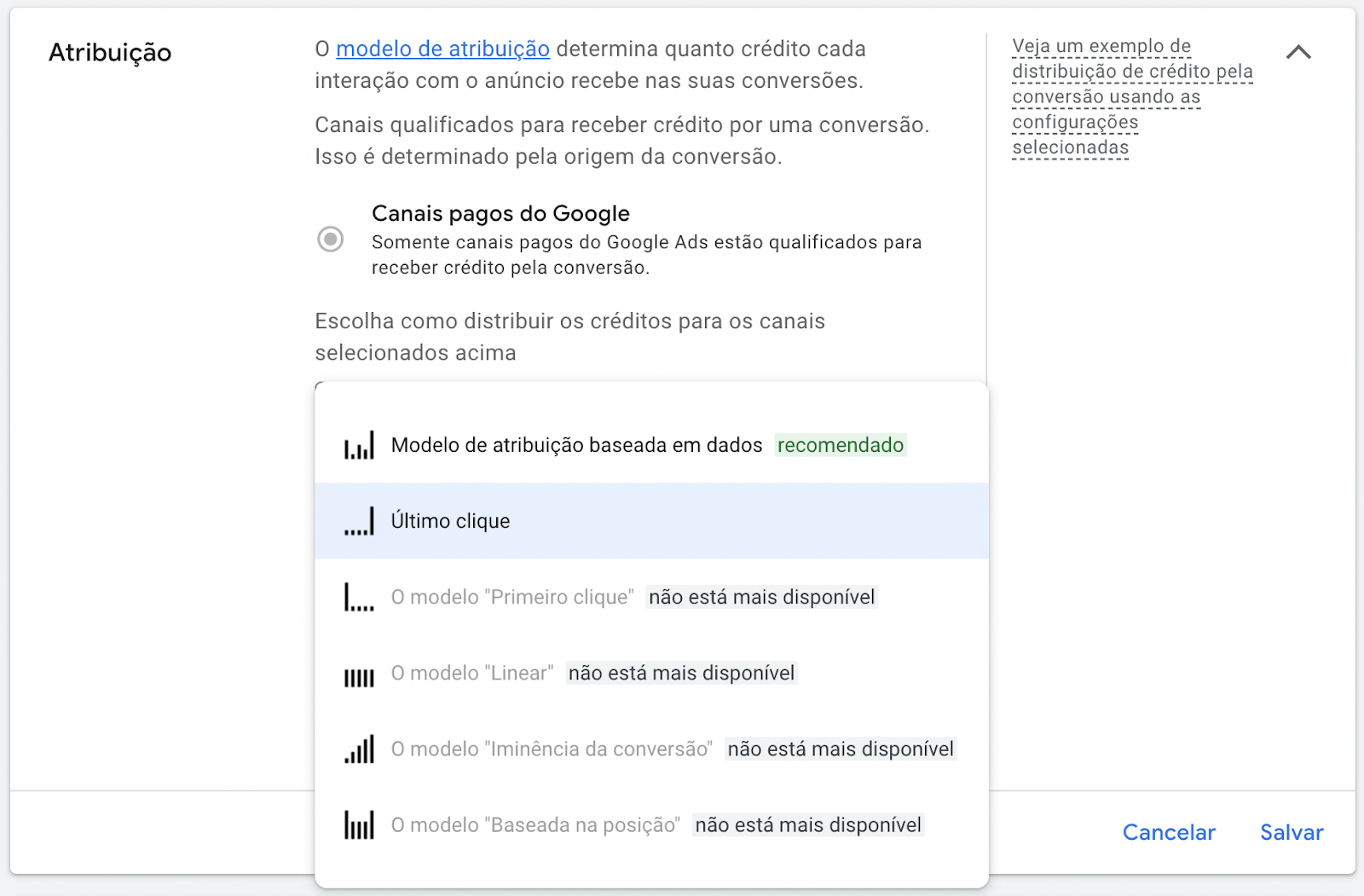 Seleção de modelos de atribuições no Google Ads