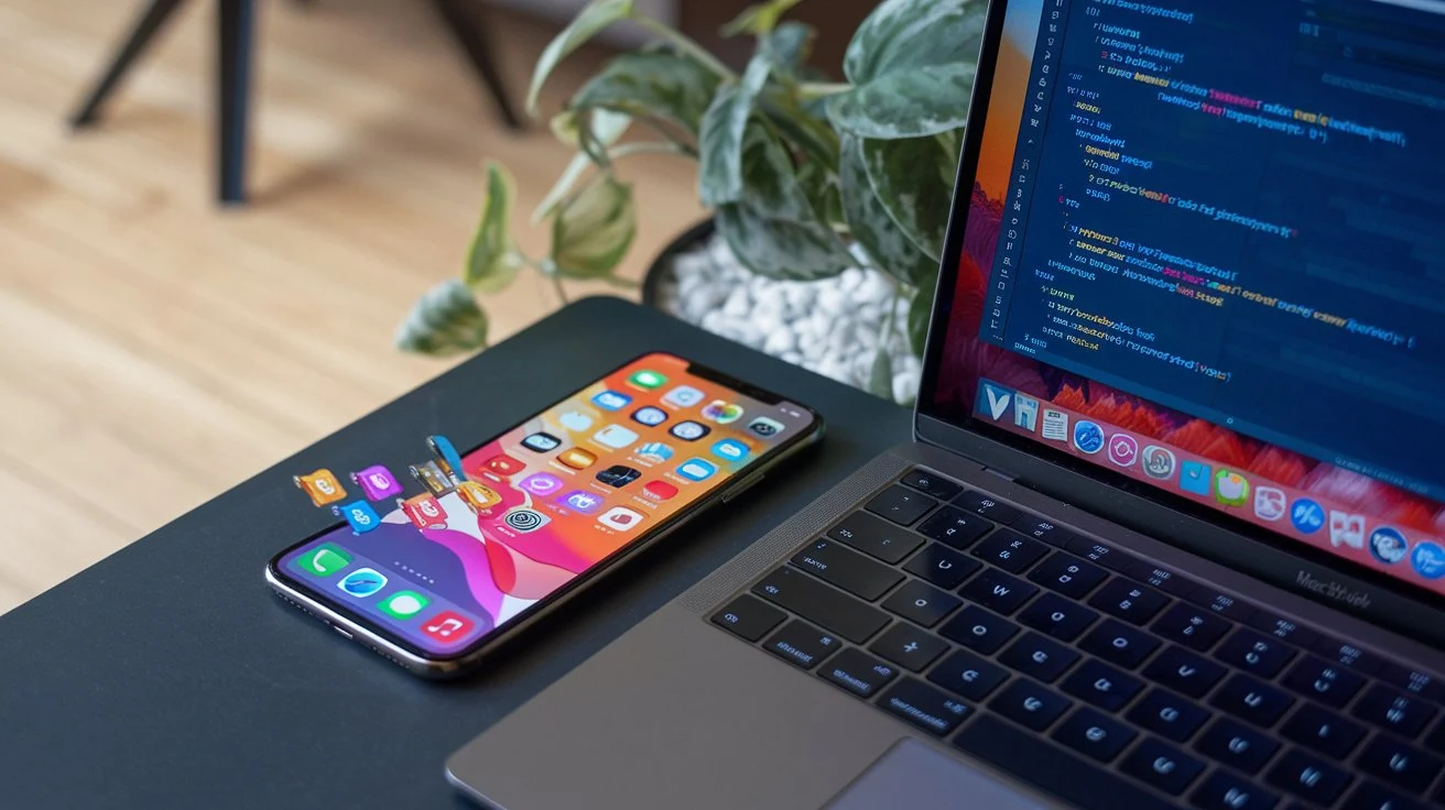 Swift code on an iPhone and MacBook with app icons flowing out, showcasing Swift’s role in iOS and macOS app development.