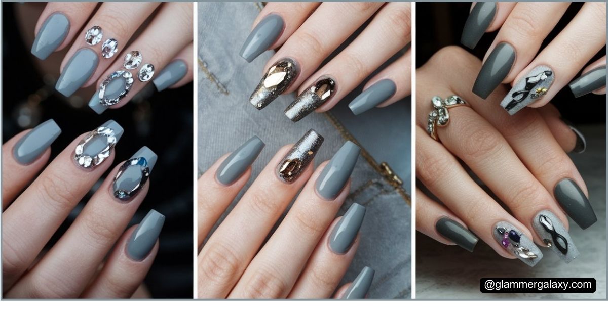 Three images of gray manicured nails with rhinestone and metallic accents.