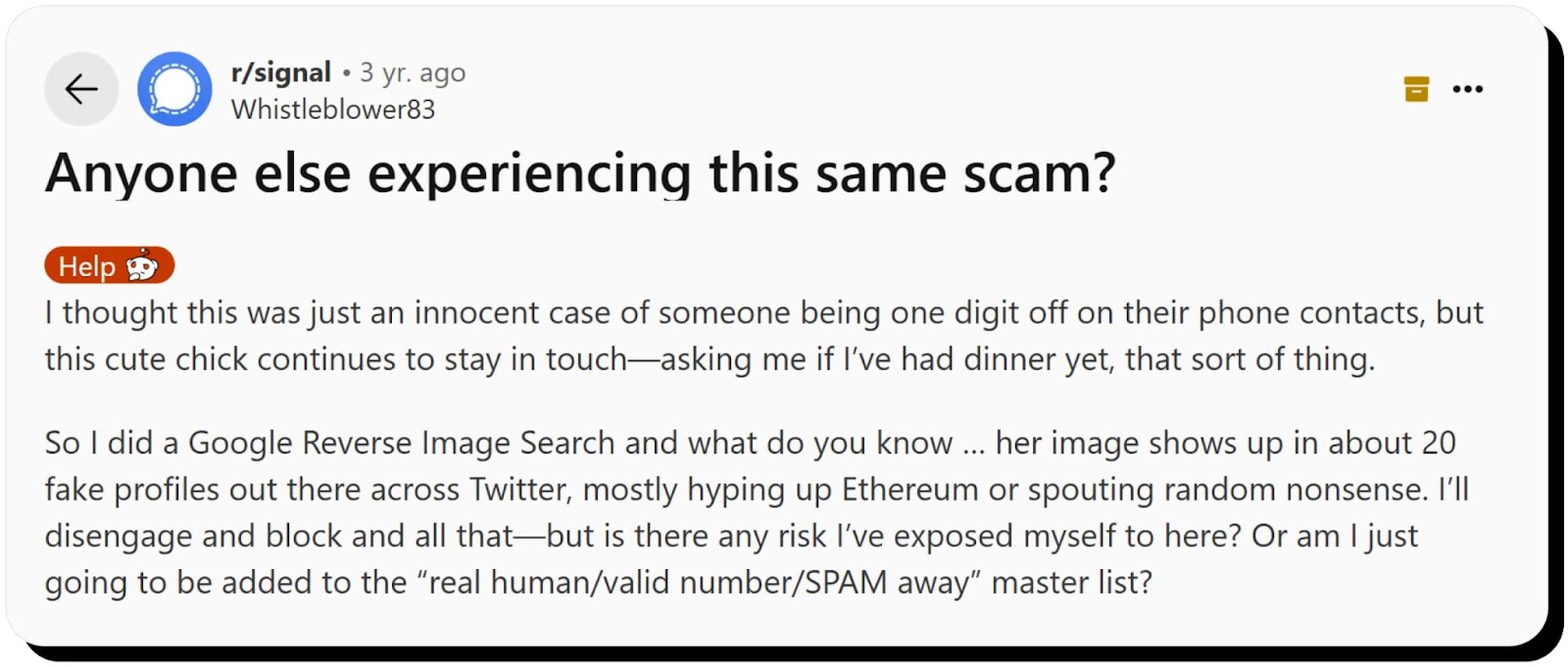 Signal romance scam example