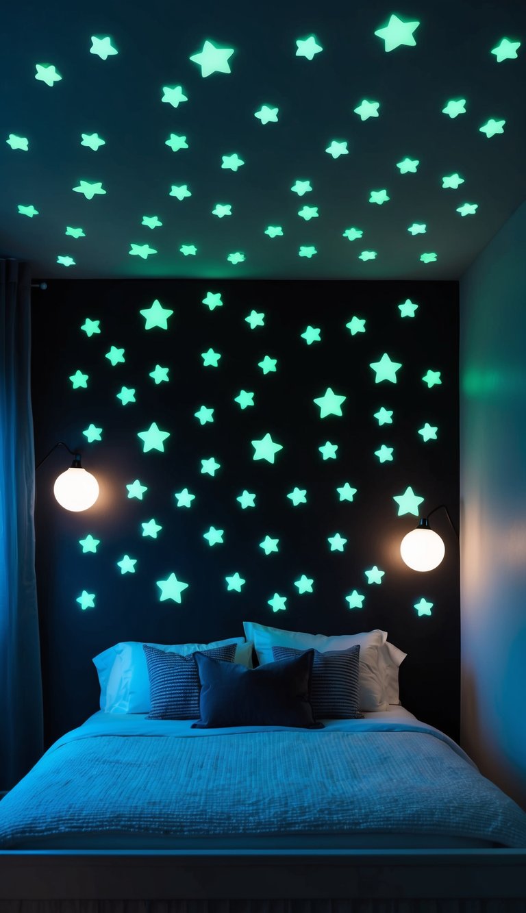 A dark bedroom with glow-in-the-dark star decals covering the ceiling and walls, creating a magical and dreamy atmosphere for kids