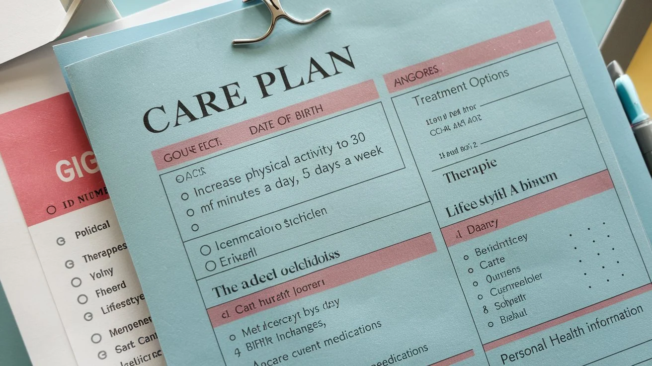 A detailed care plan document with sections for goals, treatment options, and personal health information.