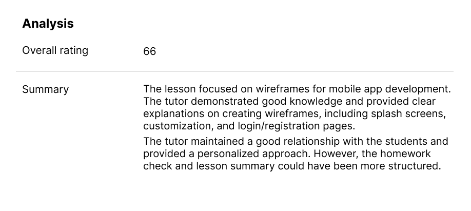 Case study, Ringostat artificial intelligence, Overall grade for the lesson and a summary of the conversation