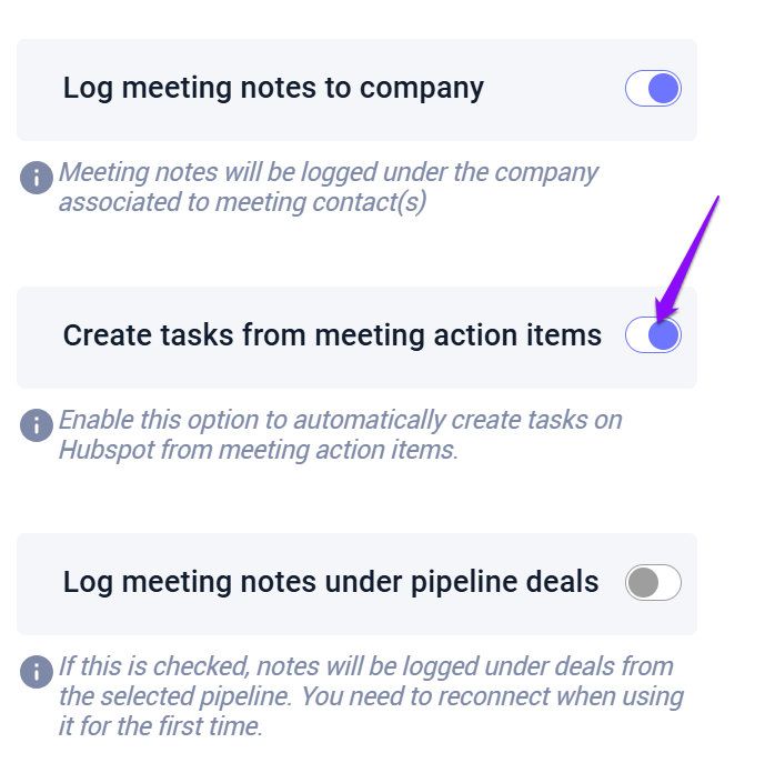 Toggle ON the option to Create tasks from meeting action items