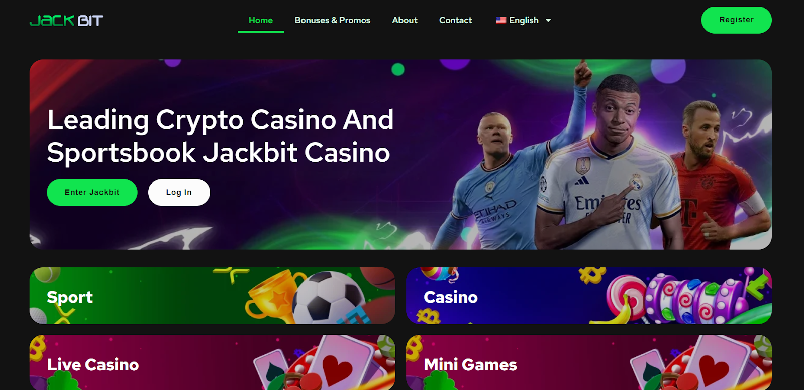 Homepage of Jackbit Casino promoting itself as a leading crypto casino and sportsbook. The banner features prominent football players in their club jerseys and the message “Leading Crypto Casino And Sportsbook Jackbit Casino.” Buttons for “Enter Jackbit” and “Log In” are shown below the text. The top navigation menu includes links for Home, Bonuses & Promos, About, Contact, and language selection. Below the banner are colorful tiles linking to sections like Sport, Casino, Live Casino, and Mini Games, each illustrated with themed icons.