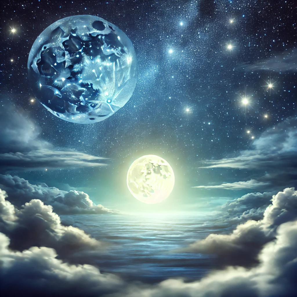 A tranquil night sky with a glowing full moon and stars scattered across the sky. Soft clouds drift by, creating a peaceful and serene atmosphere. The scene radiates a calming energy, evoking deep relaxation and restoration, perfectly representing the peacefulness of sleep.