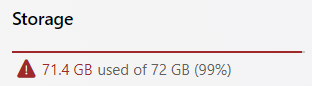 Storage bar shows that 71.4 GB of 72 GB are used and that the account is at 99% of quota.