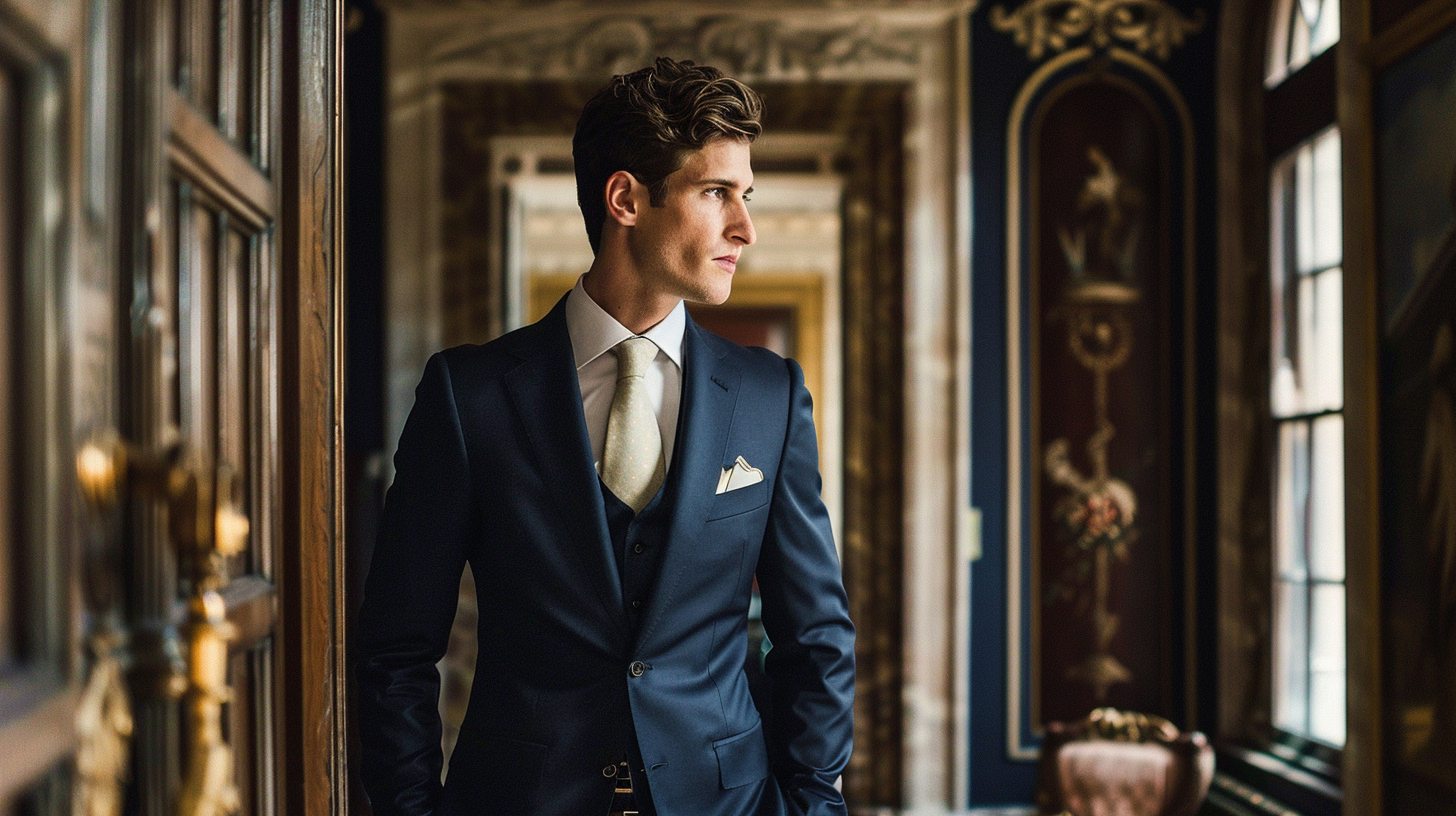 Man wearing a classic two-piece suit in navy, standing confidently at a wedding or business event, matching jacket and trousers, minimal accessories, elegant but simple style