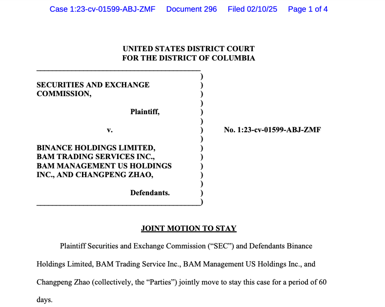تصویری از بخشی از متن درخواست بایننس و SEC برای توقف پرونده حقوقی خود