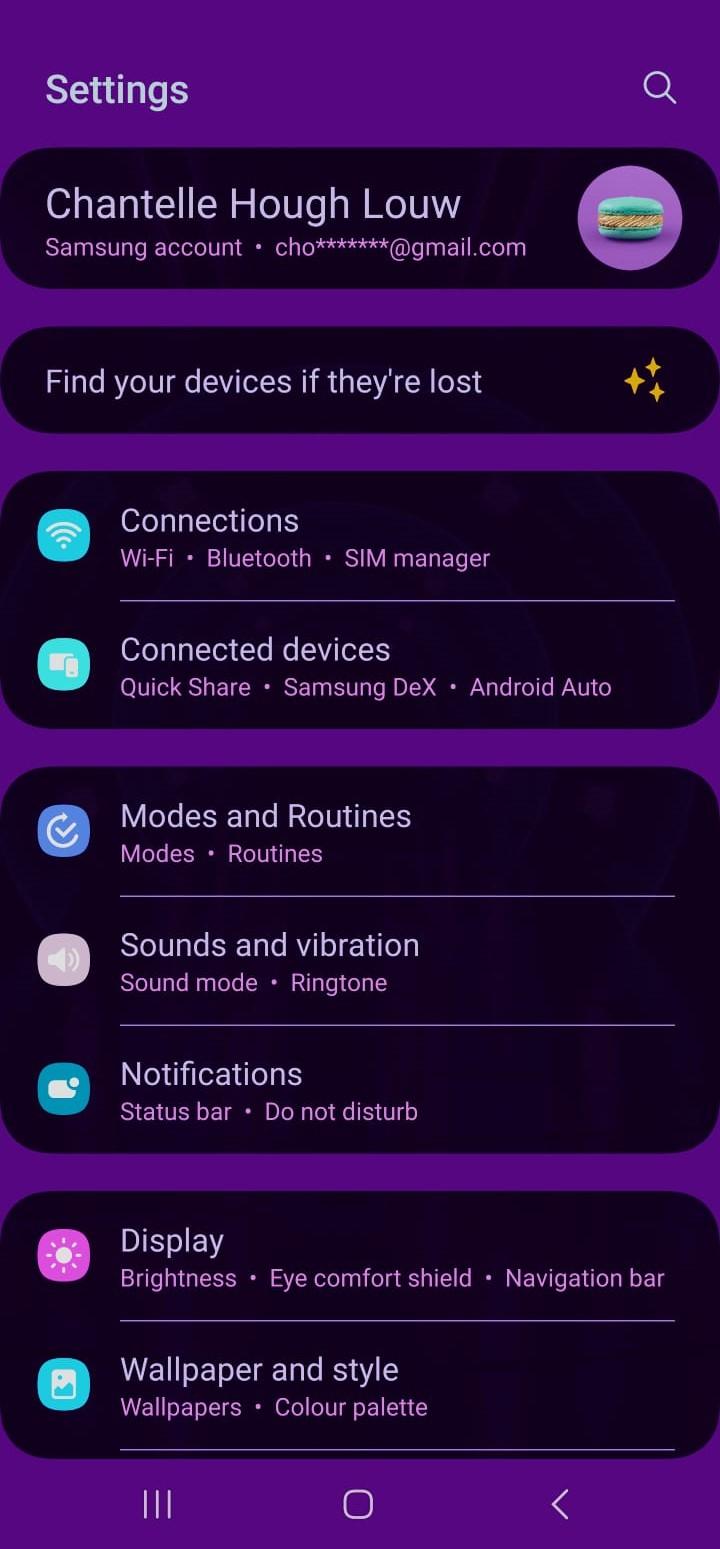 Android phone setting menu