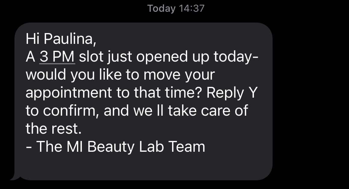 A screenshot from a salon texting a client to ask if they'd like to move their appointment time.