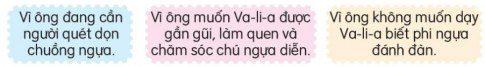 BÀI 14. HỌC NGHỀKHỞI ĐỘNGCâu hỏi: Sắp xếp các tranh dưới đây theo trình tự hợp lí.Giải nhanh:4 - 1 - 3 - 2.ĐỌCCâu 1: Đi xem xiếc về, Va-li-a mơ ước điều gì?Giải nhanh:Trở thành diễn viên phi ngựa.Câu 2: Việc đầu tiên Va-li-a được giao khi vào học ở rạp xiếc là gì?Giải nhanh:  Quét chuồng ngựa.Câu 3: Vì sao ông Giám đốc lại giao cho Va-li-a việc đó?Giải nhanh: Vì ông muốn Va-li-a được gần gũi, làm quen và chăm sóc chú ngựa diễn.Câu 4: Câu chuyện kết thúc như thế nào?Giải nhanh: Về sau, Va-li-a trở thành một diễn viên như em hằng mong ước.Câu 5: Theo em, câu  Cái tháp cao nào cũng phải bắt đầu xây từ mặt đất lên...