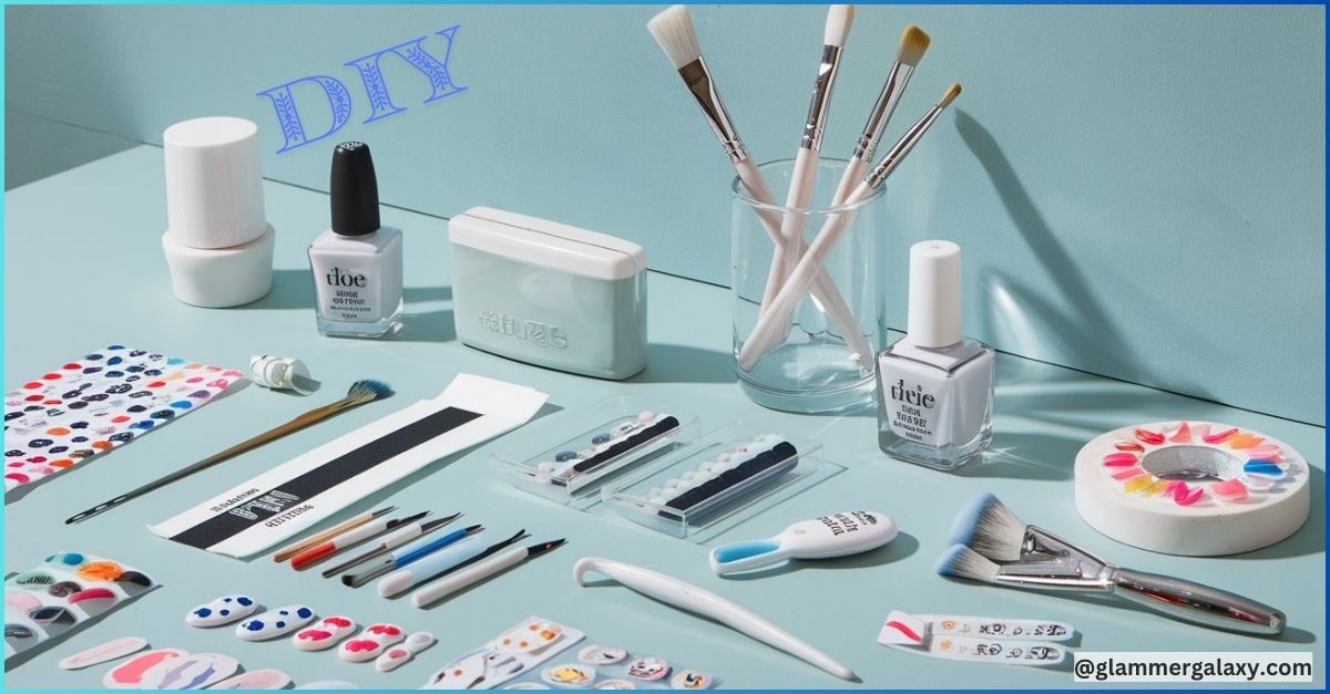 Assorted DIY nail art supplies with brushes, polishes, and decals on a teal background.