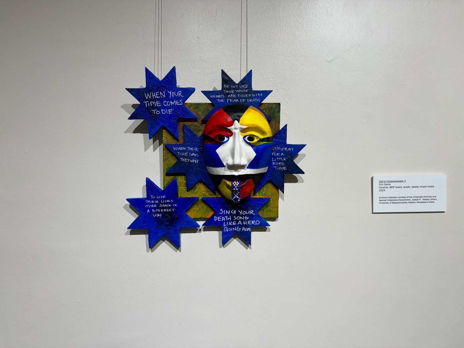 Photograph of artwork by Erin Genia on a wall. Includes a face or facemask with various text statements in blue starts.