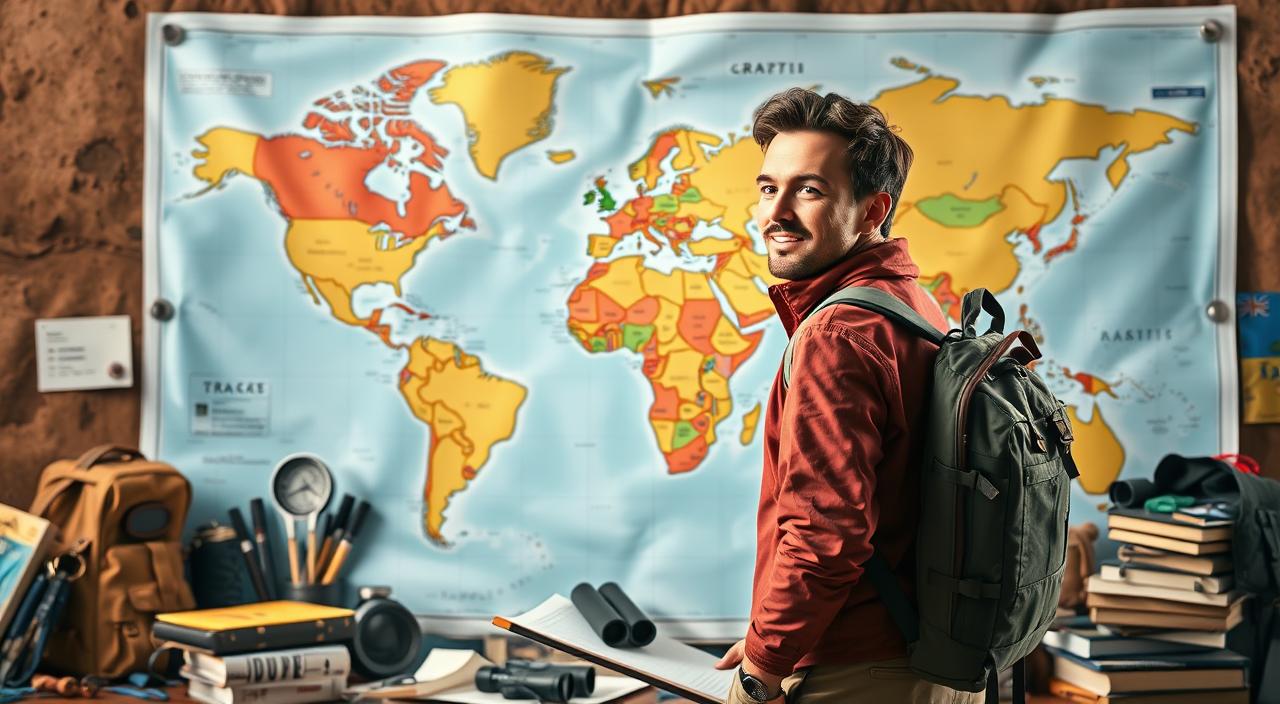 A vibrant, well-organized &amp;amp;quot;Adventure Travel&amp;amp;quot; planning scene with a traveler standing before a large world map, surrounded by a variety of travel accessories like a backpack, compass, binoculars, and guidebooks. The scene is illuminated by warm, natural lighting, creating a sense of excitement and anticipation. The traveler's expression is one of focused determination as they meticulously plan their upcoming journey. The background features a blend of earthy tones, hinting at the diverse destinations the traveler may explore. The overall composition conveys a sense of adventure, exploration, and the spirit of discovery that defines the &amp;amp;quot;Adventure Travel&amp;amp;quot; experience.
