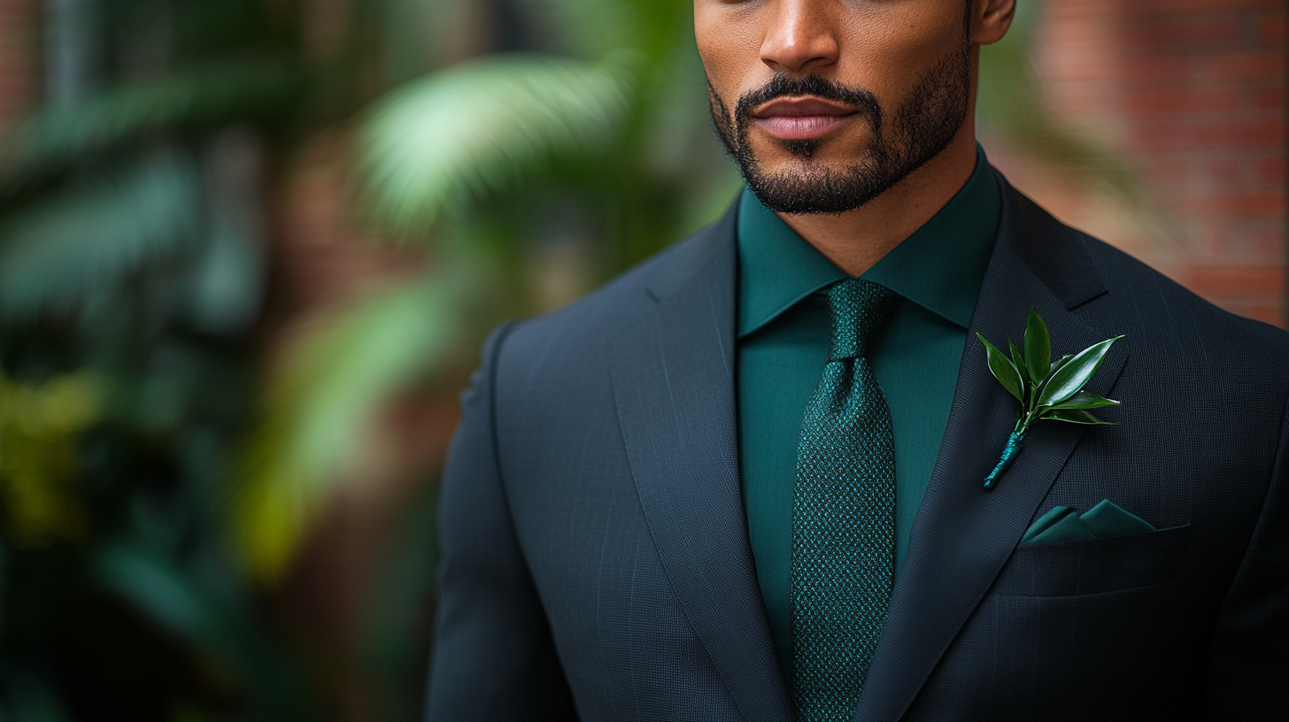 
A groom wearing a perfectly tailored black suit with a striking green shirt underneath, walking down the aisle. The combination is bold yet classic, with a sophisticated and elegant vibe. The green shirt is a vibrant emerald or a softer sage, contrasting beautifully with the deep black of the suit. The groom stands confident, stylish, and polished, with carefully chosen accessories, like a sleek tie or pocket square, and stylish shoes that complete the look. The scene captures the moment of the groom arriving at the wedding ceremony