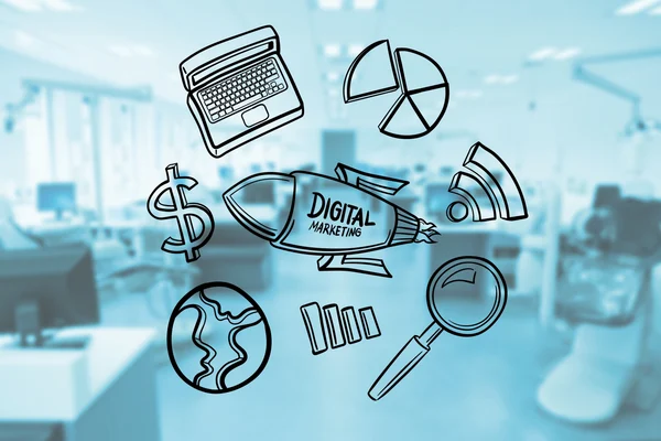 Clip art of digital marketing on a dental office background