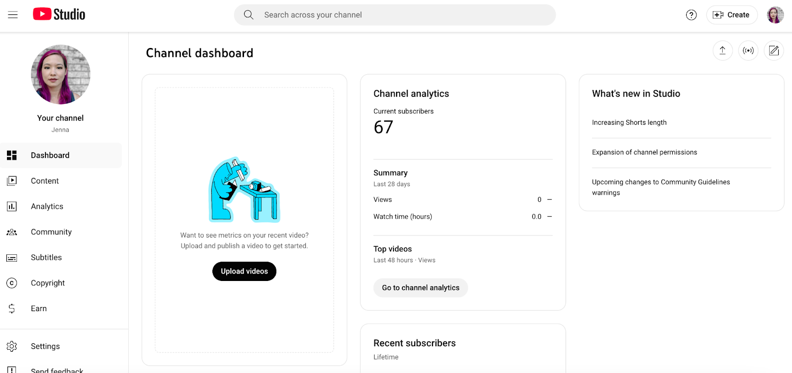 The YouTube Studio nterface, showing the Channel Dashboard.