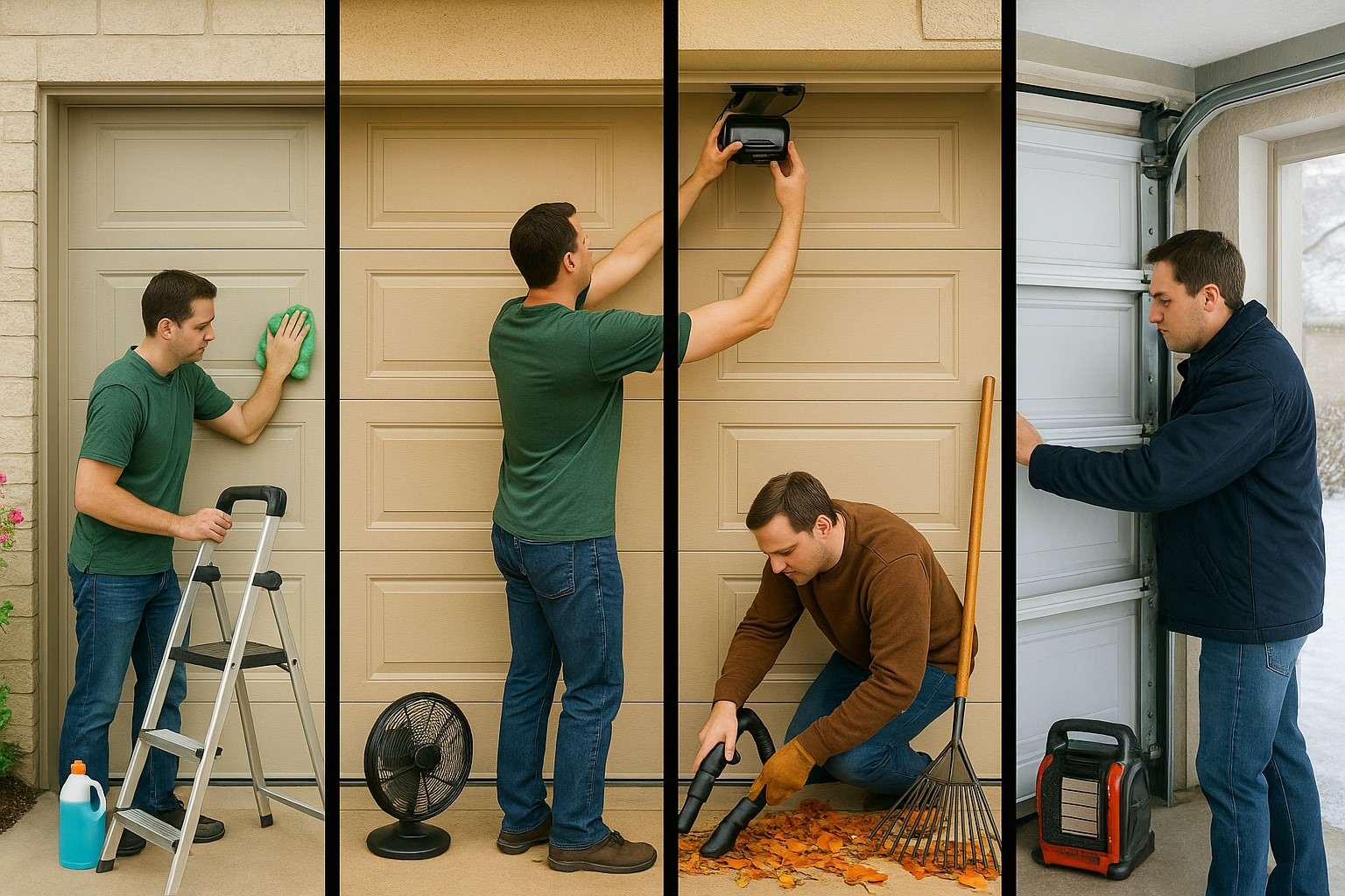 Four-part collage showing seasonal garage door maintenance: washing the door, testing the opener, clearing debris, and inspecting components for winter readiness.