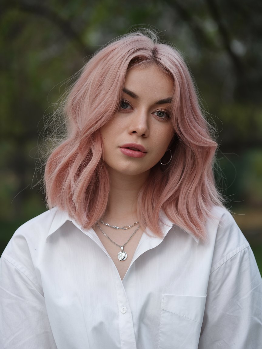 16. Rose Pink Lob with Soft Waves