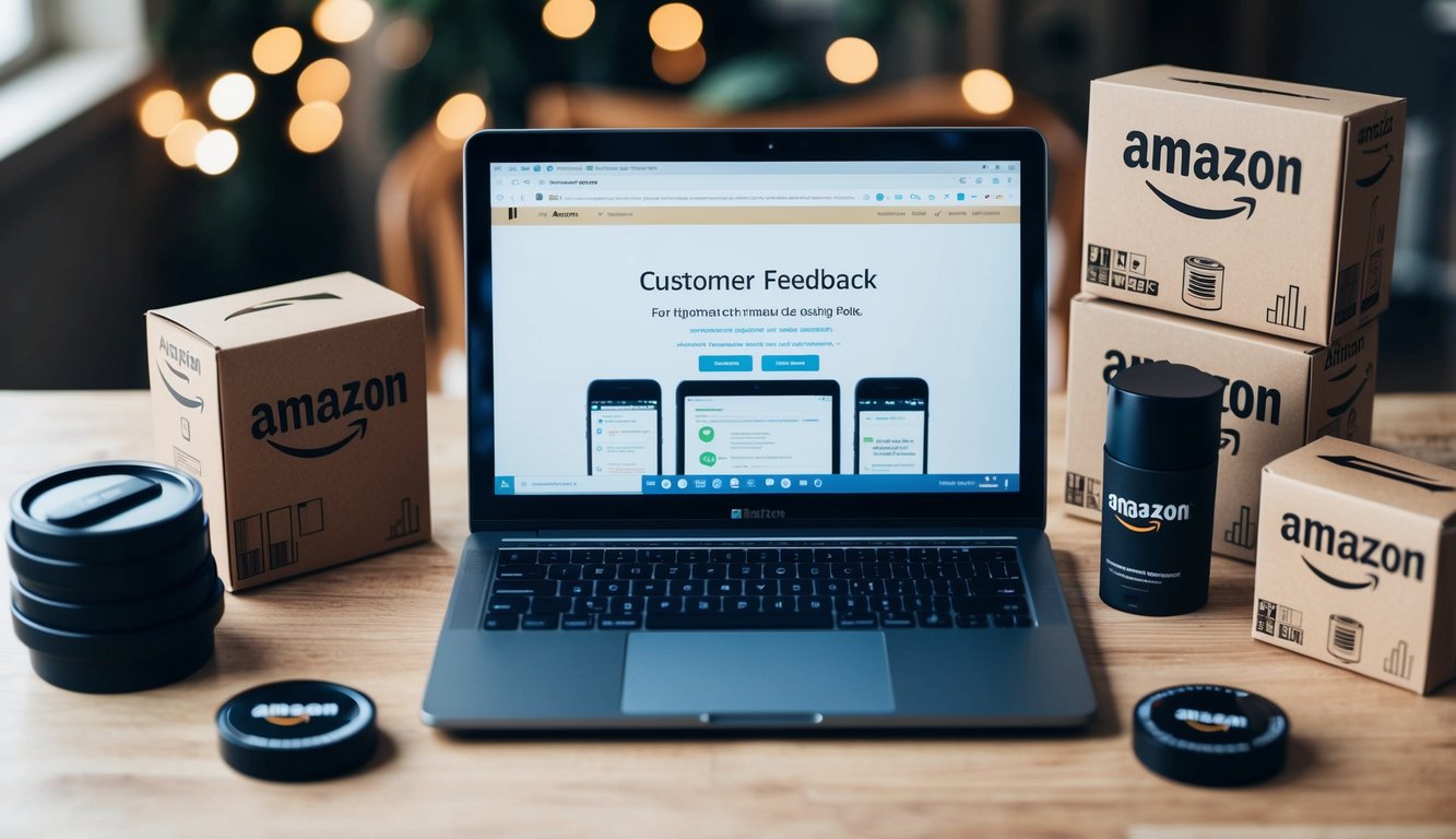 A laptop displaying customer feedback and review tools, surrounded by Amazon FBA products and packaging